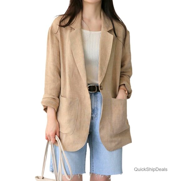 Linen Blazer Lightweight Long Sleeve Casual Spring Summer Jacket